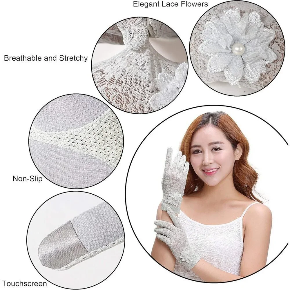 Women's Flower Gray Floral Embroider Lace Gloves Summer Sun Protection